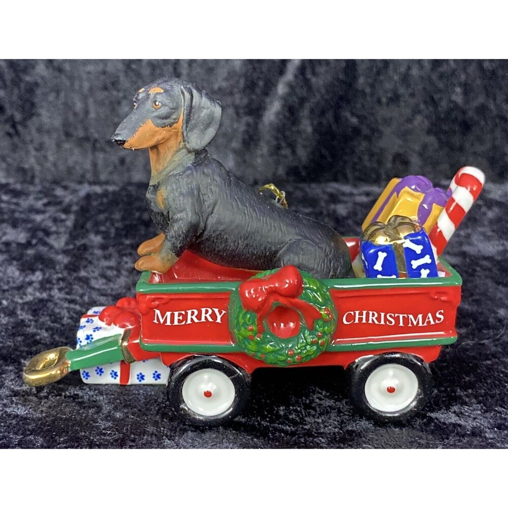 Danbury Mint Dachshund Christmas Ornament Dog Red Wagon 2010 A Waggin Holiday